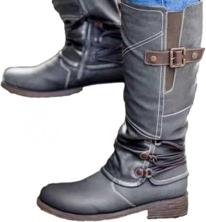 woobles Women's Vintage Leather Zipper High Snow Boots, Fashion Large Size Boots Women Autumn Long Tube Zipper Low Heeled Shoes Boots Pointed Boots Knight Boots - Image 4